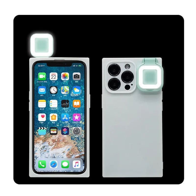 Ring flashing mobile phone case for iPhone 13 with selfie fill light in solid colours.