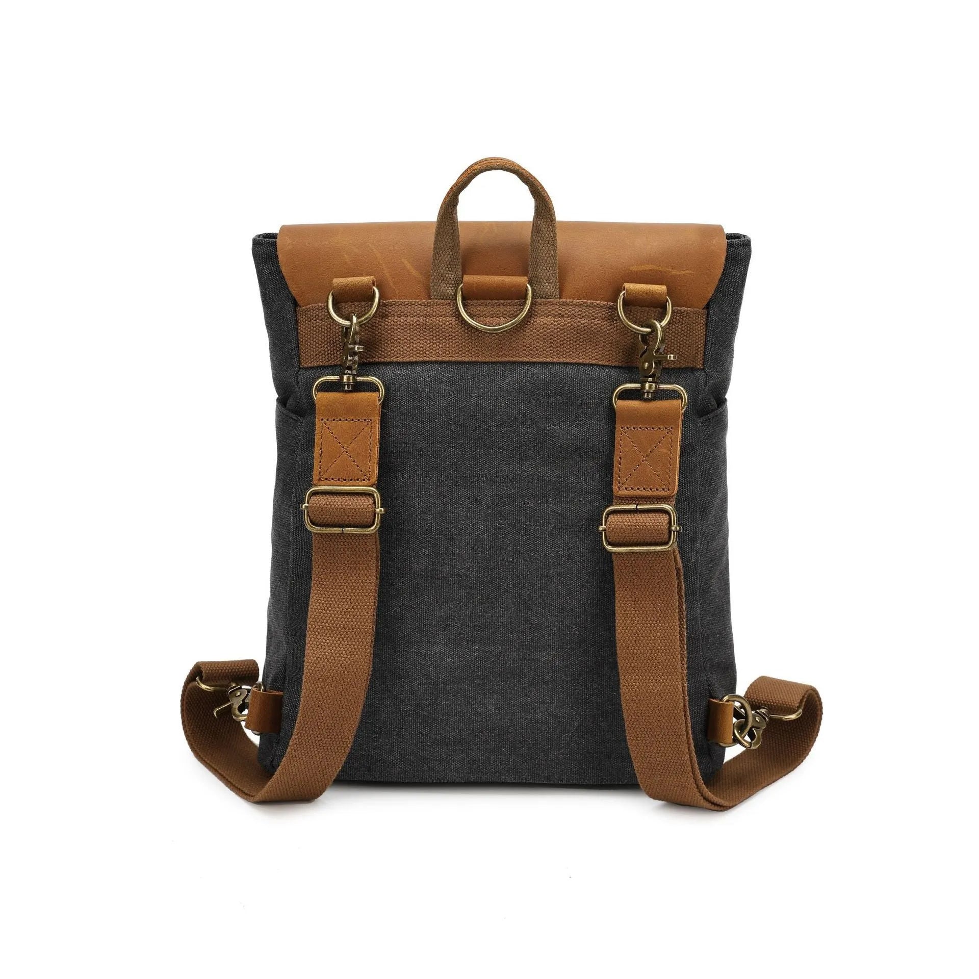 Minimalist Crazy Horse leather and canvas student backpack in neutral colours showing compact dimensions