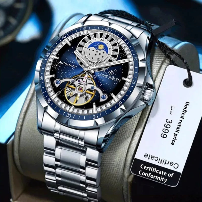 Men's silver alloy case waterproof automatic watch with blue dial and stainless steel strap