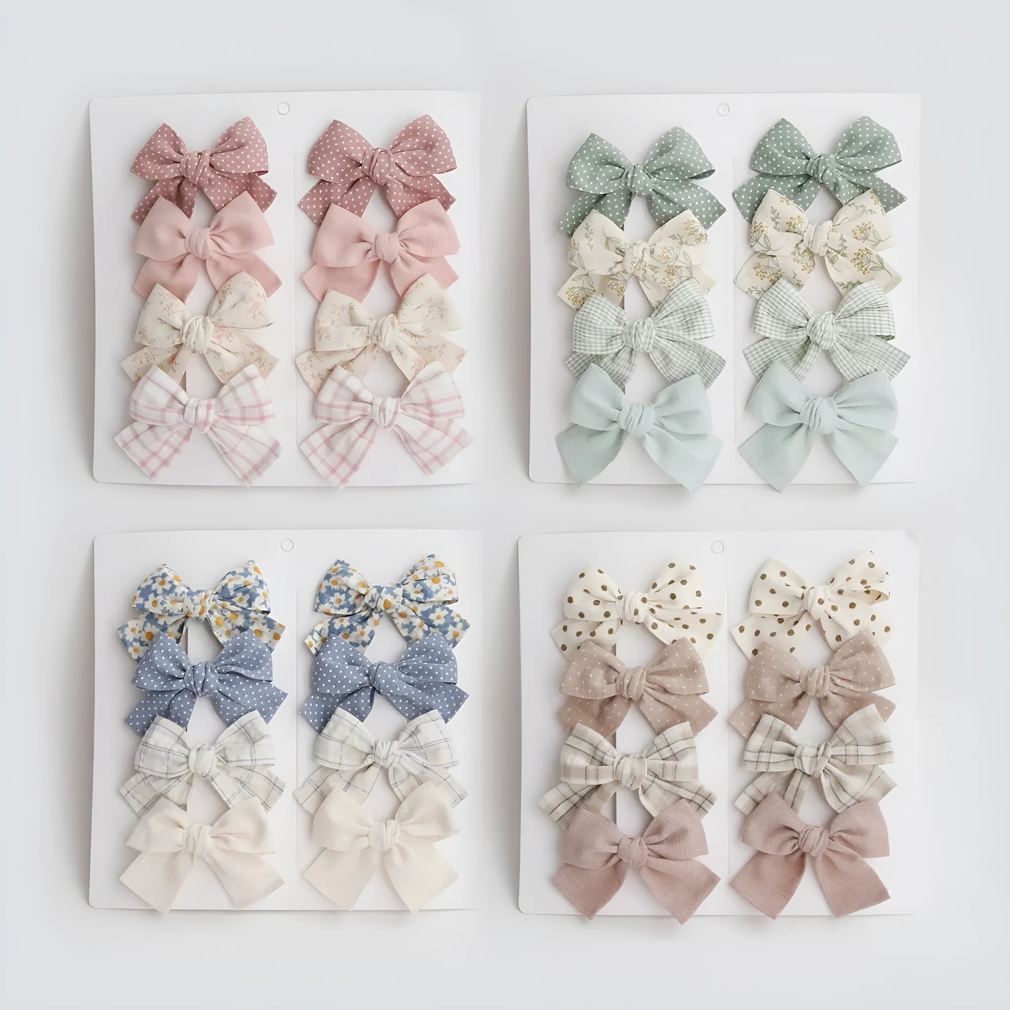 Children's dovetail bow hairclips in cloth, showing colour options like beige brown grid dots and blue flowers.