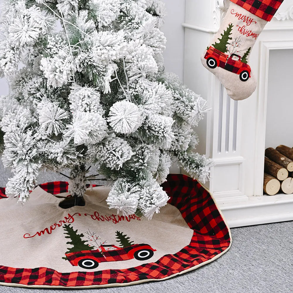 120cm diameter imitated linen cloth Christmas tree skirt with Car Christmas Tree design, showing mechanical stitching