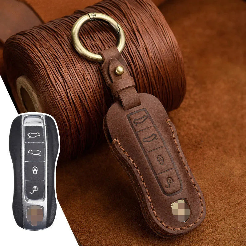 Porsche key cover in blue or brown cowhide leather with retro bag buckle for 3 or 4 keys