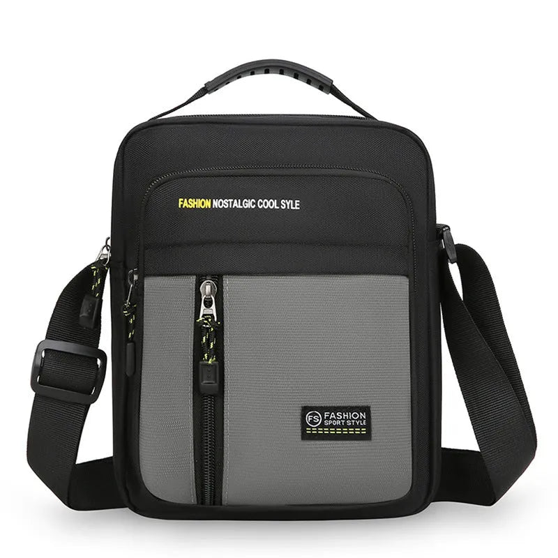 Men's casual outdoor one shoulder messenger bag in nylon with sewing thread details, shown in available colours.