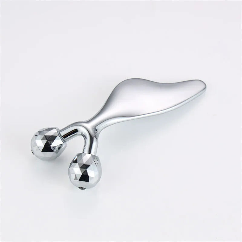 Silver double-roller metal back scratcher massage stick with anion function, supplied in an OPP bag