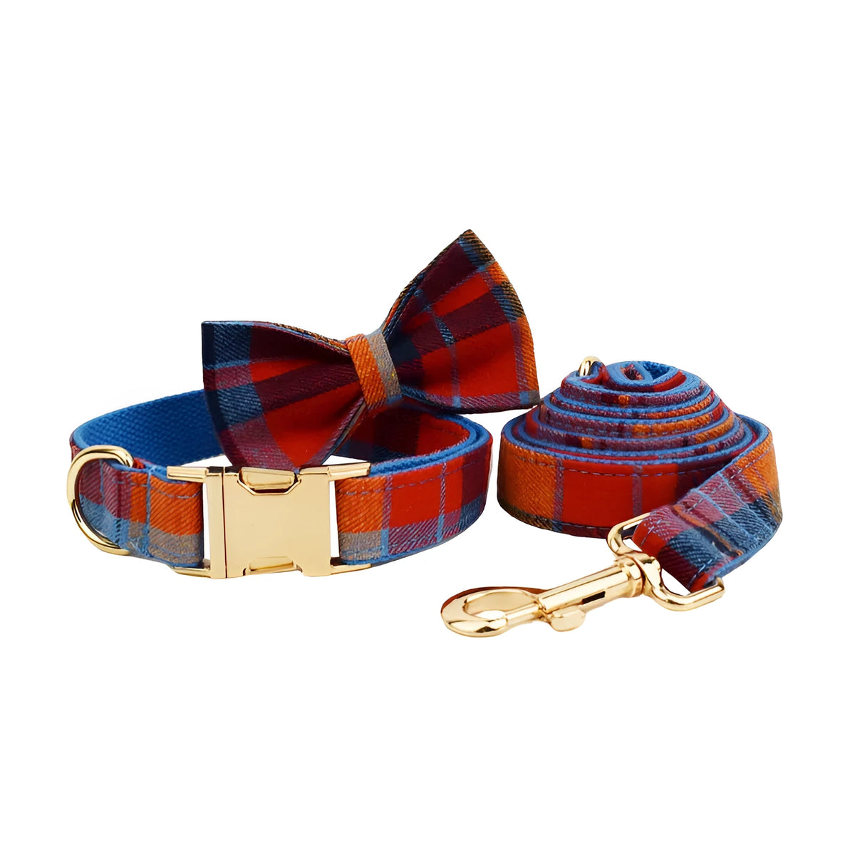 Blue velvet plaid pattern dog collar and matching hand-holding rope leash on a white background.