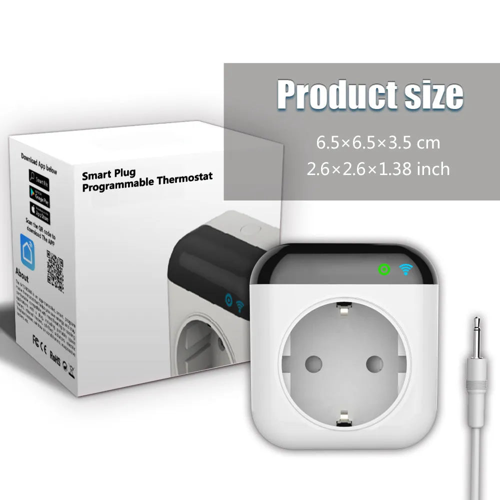 White Tuya WiFi smart temperature control socket with US plug and temperature sensor probe