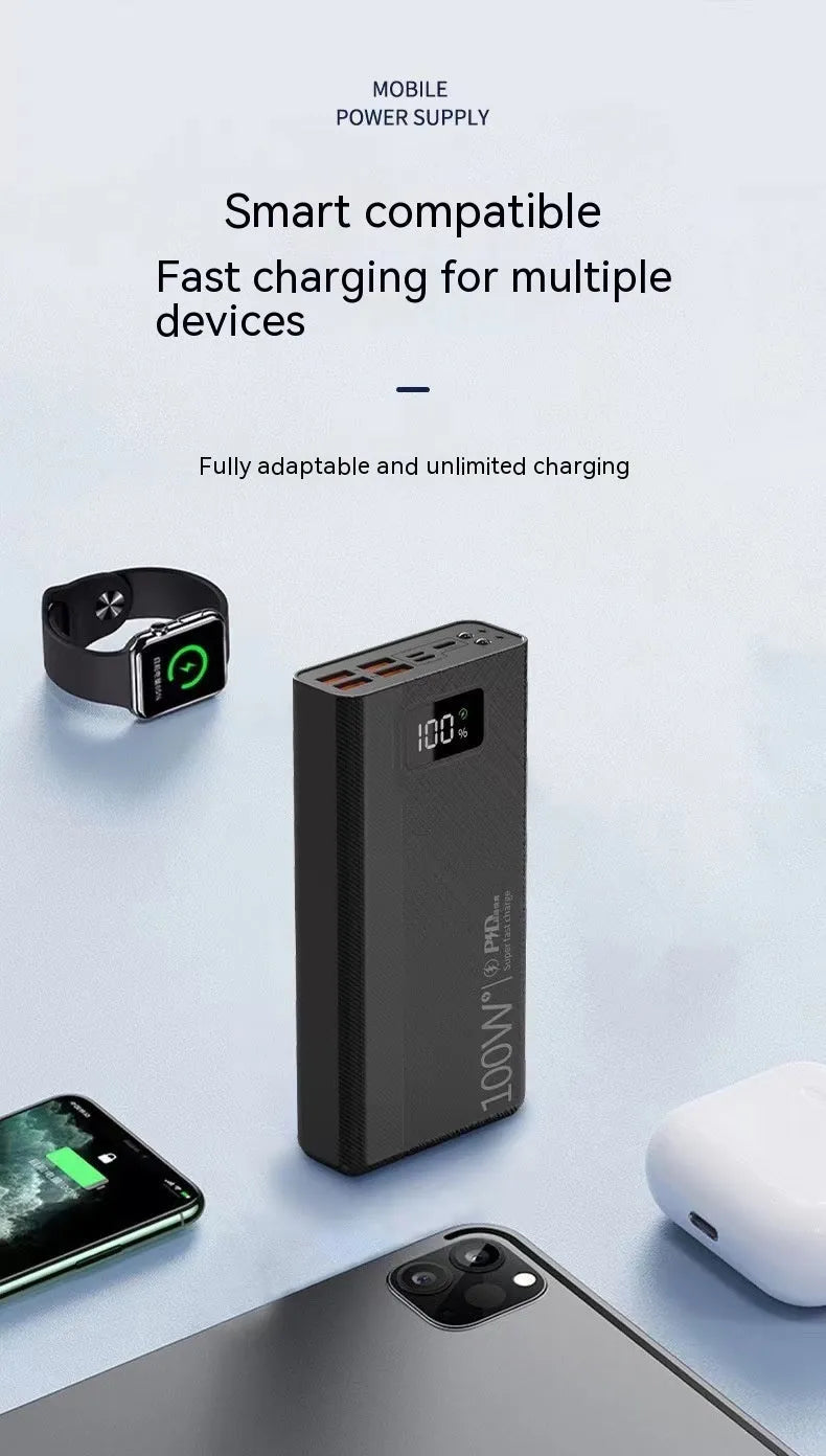 Black or white power bank measuring 150x76mm with capacity options from 20000 to 50000 mAh supporting fast charging