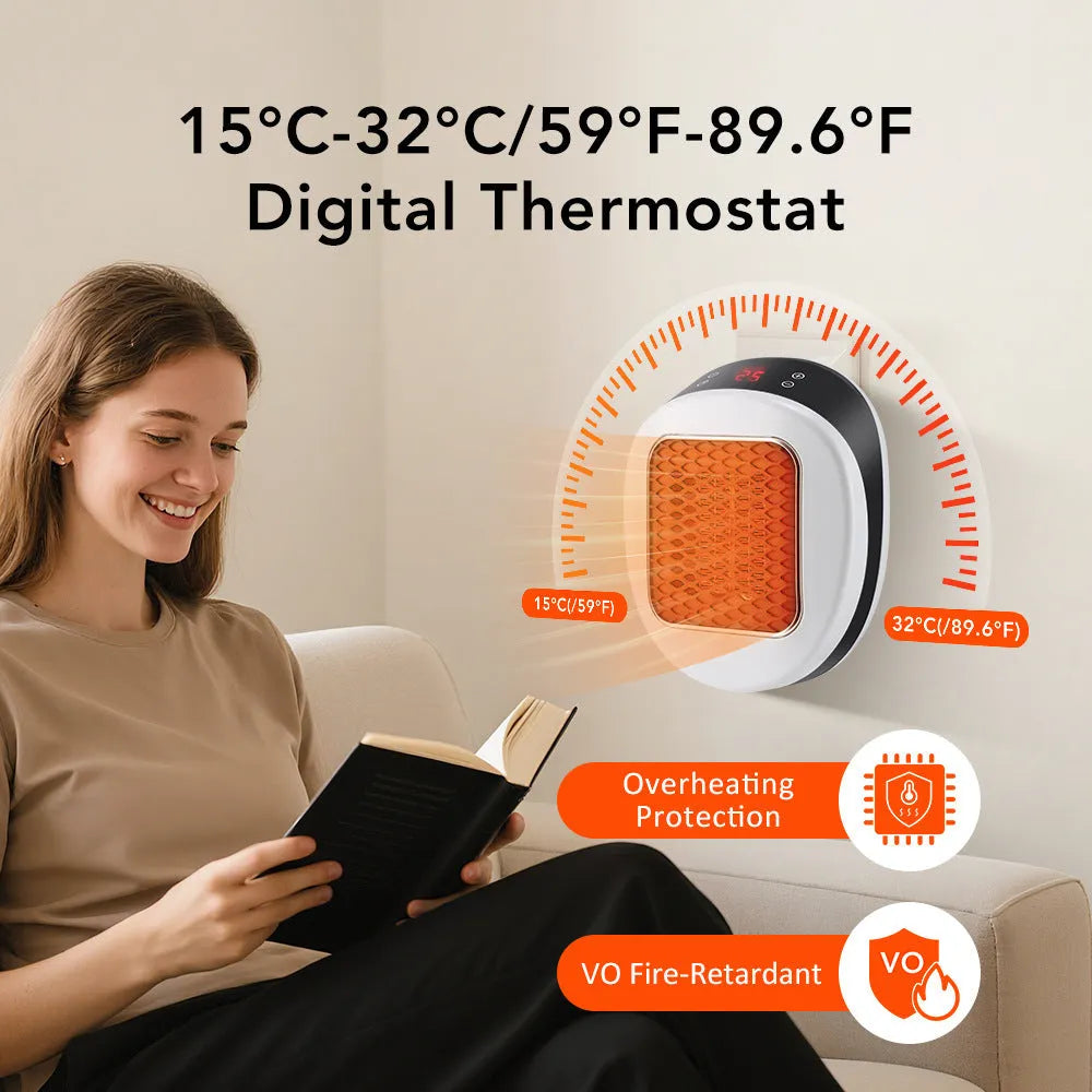 White ceramic electric heater with remote control showing 15-32 heat settings and 600W power rating