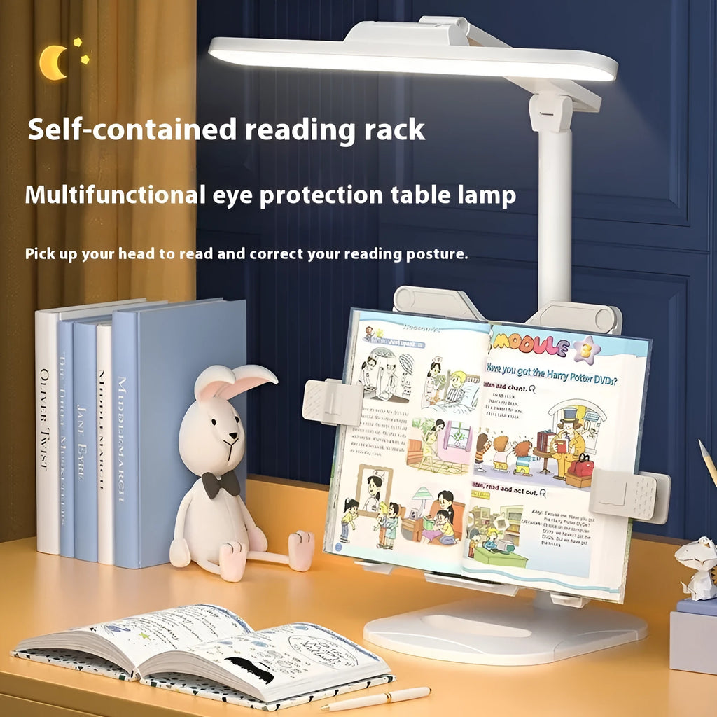 Multifunctional table lamp with adjustable colour temperature and integrated bookshelf on a desk.