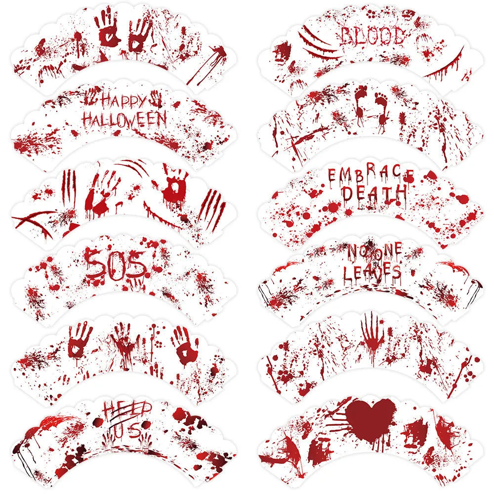 12 red blood-handed Halloween paper cake borders for cupcake and cake decoration