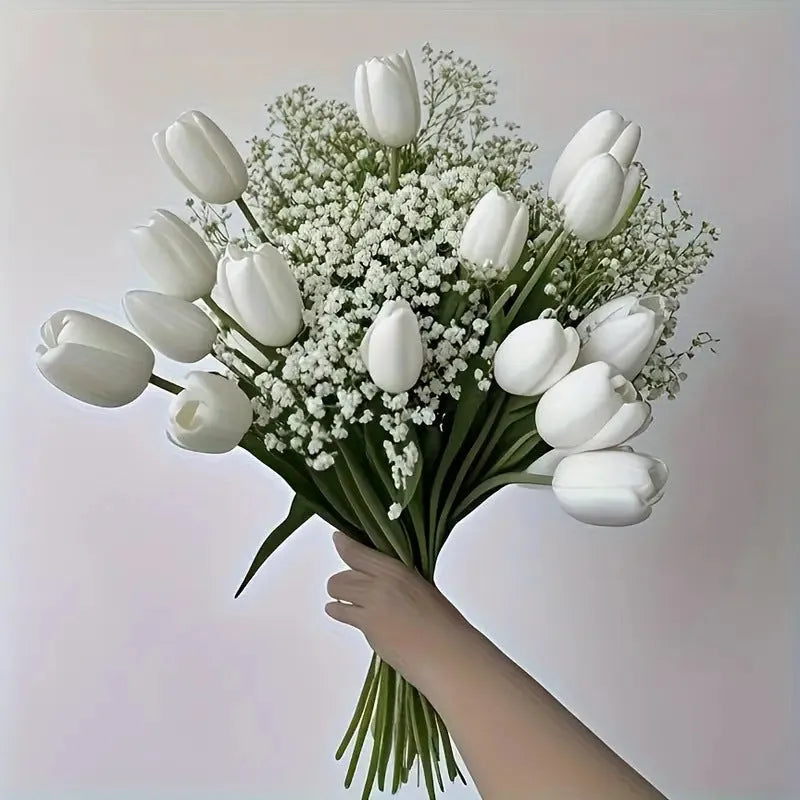 Plastic artificial tulip and starry flower bouquet set with thirty pieces for photography and decoration