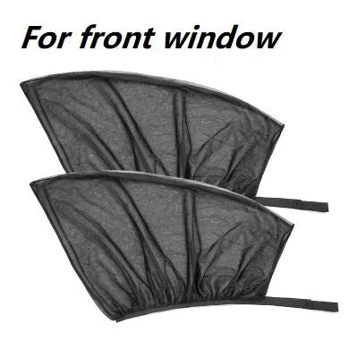 Car side window screen with double mesh installed on SUV window, showing elastic strip fixation