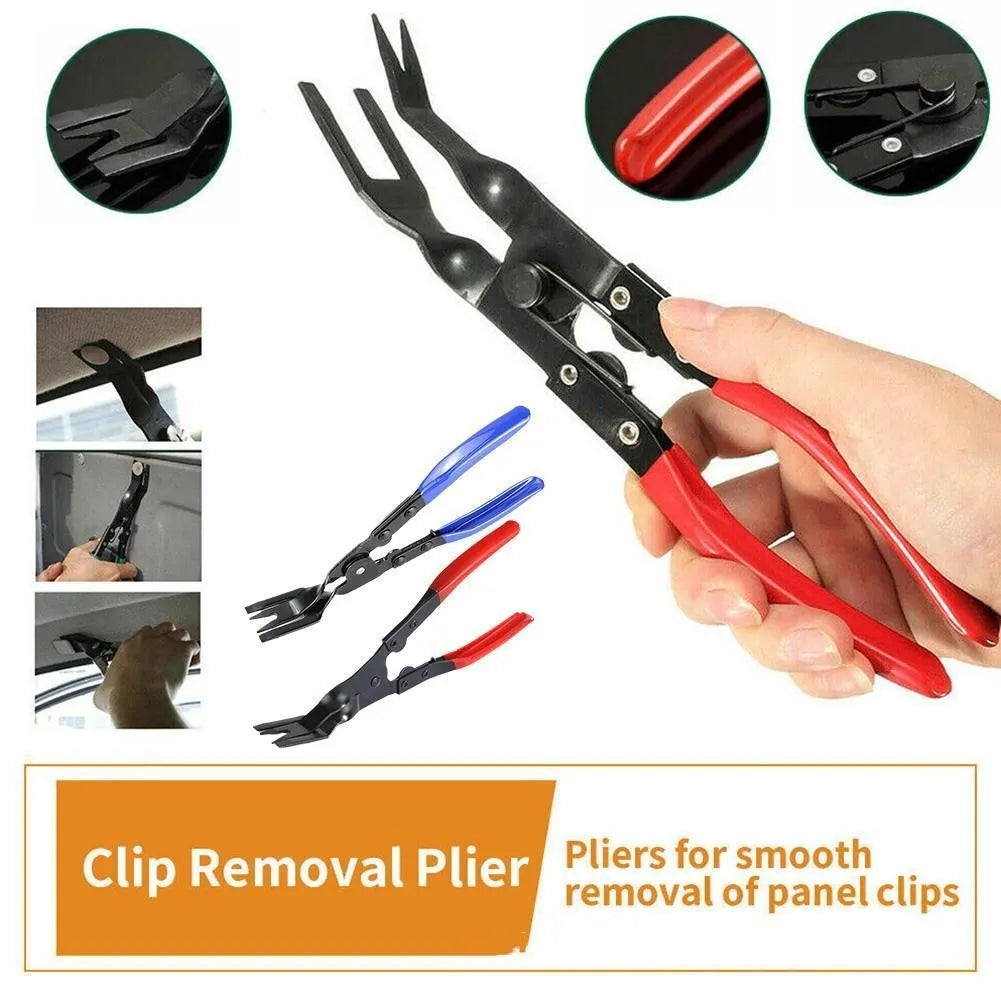 Blue steel car interior clip removal pliers showing 235mm length and 32mm working head