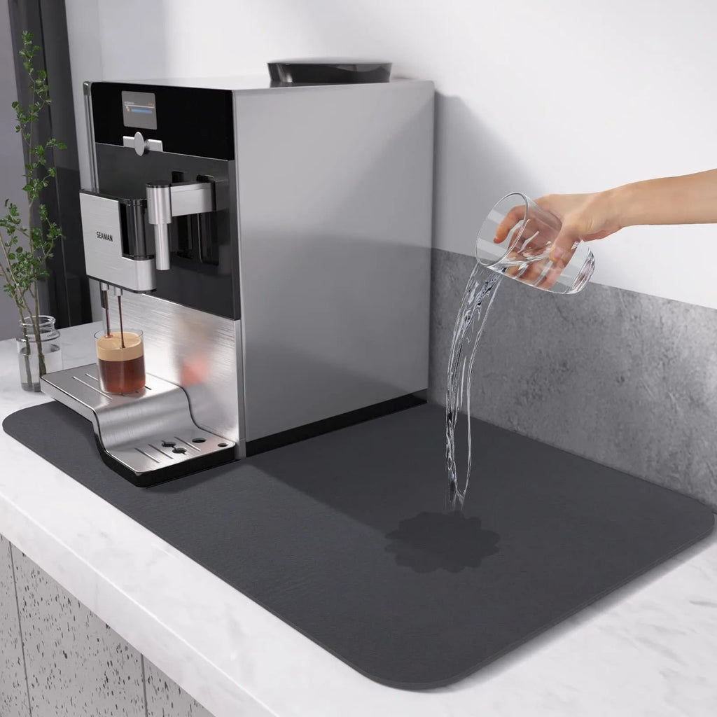Square technical cloth dish drying mat with PU leather surface and rubber anti-slip backing.