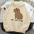 Grey capybara print hoodie with hood and long sleeves, loose polyester pullover for adults, sizes XS to XXXL