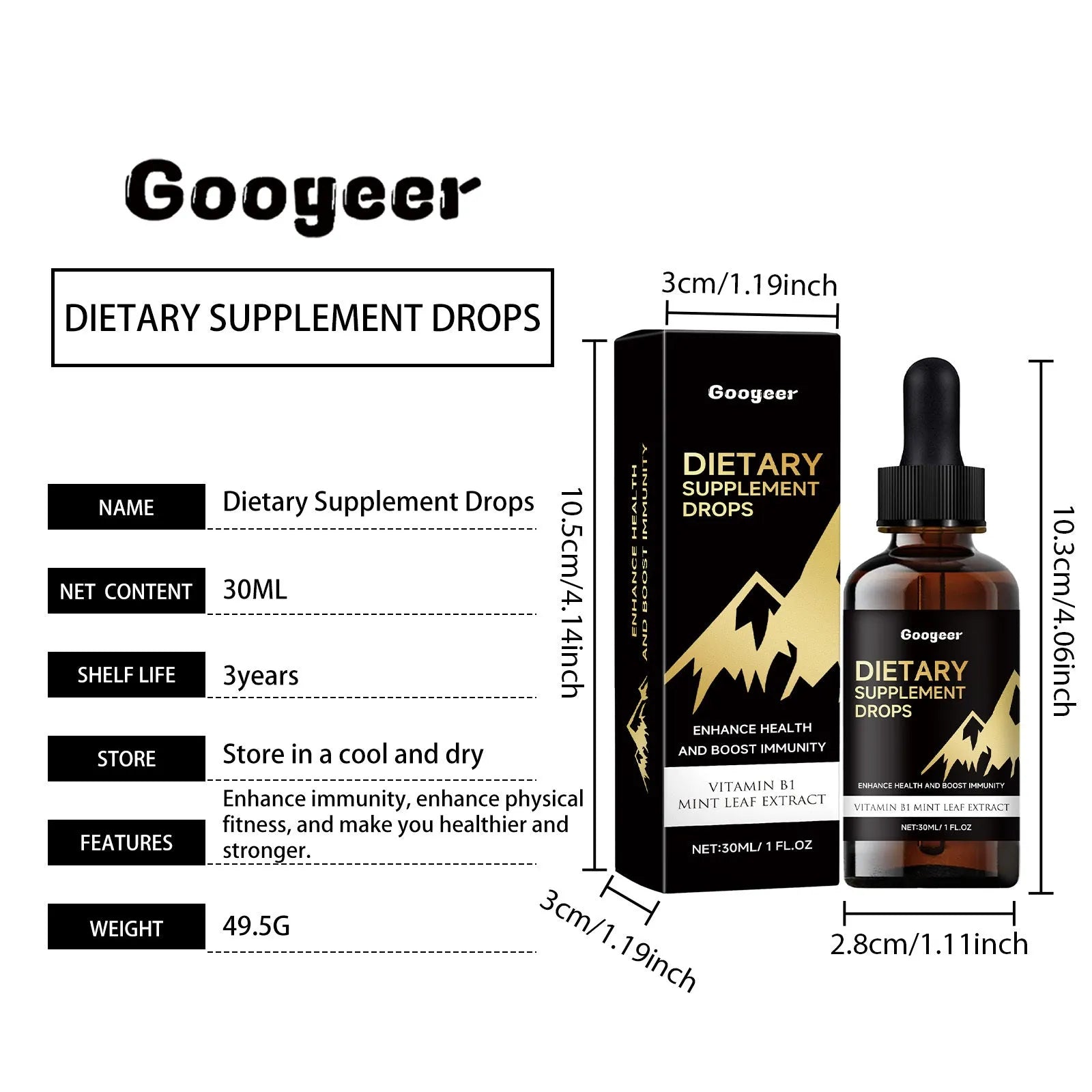 Bottle of dietary supplement liquid drops with a separate measured dropper for dosage.