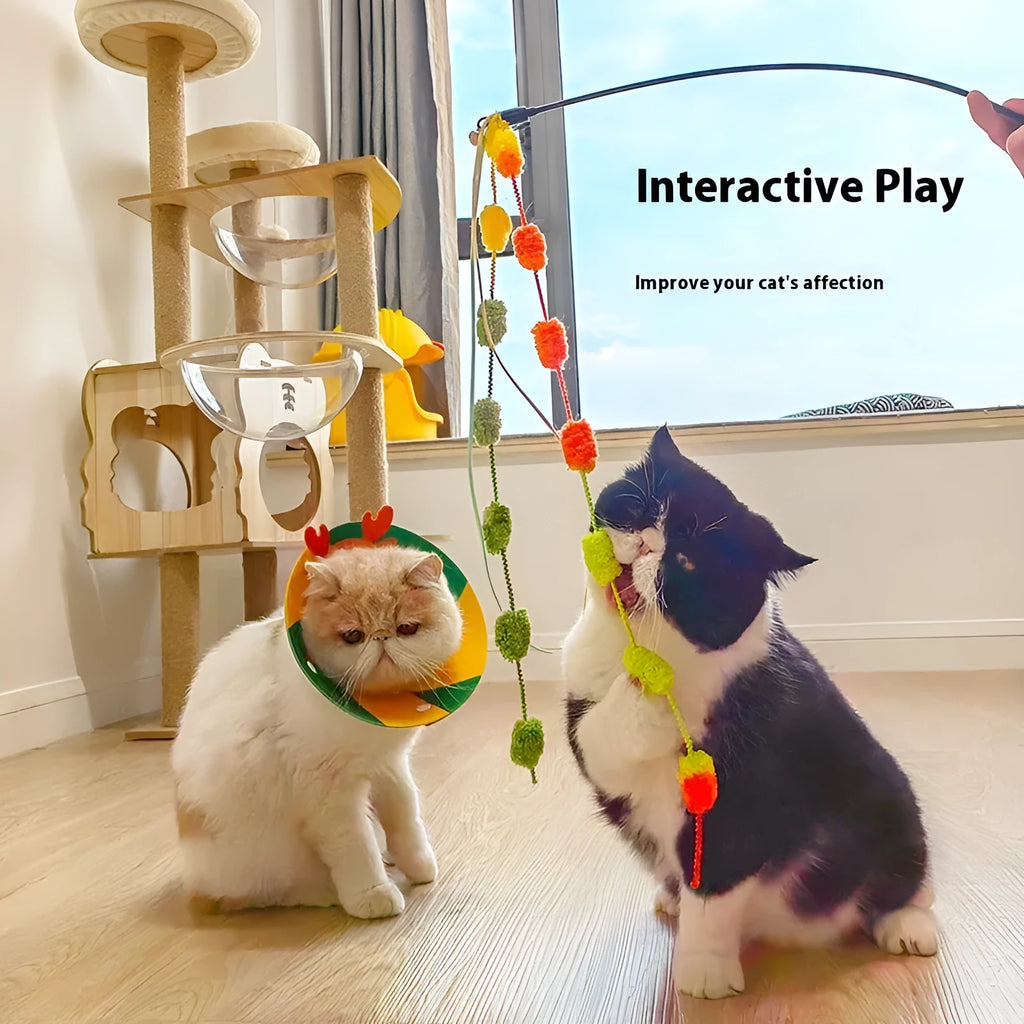 Rainbow cotton candy plush cat teaser on a long, bite-resistant stick with a bell inside.