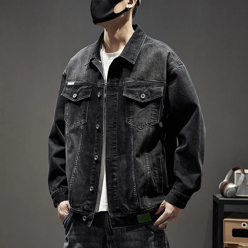 Men's heavy industry retro denim jacket in cotton, solid colour, sizes L to 7XL, dark blue and black options