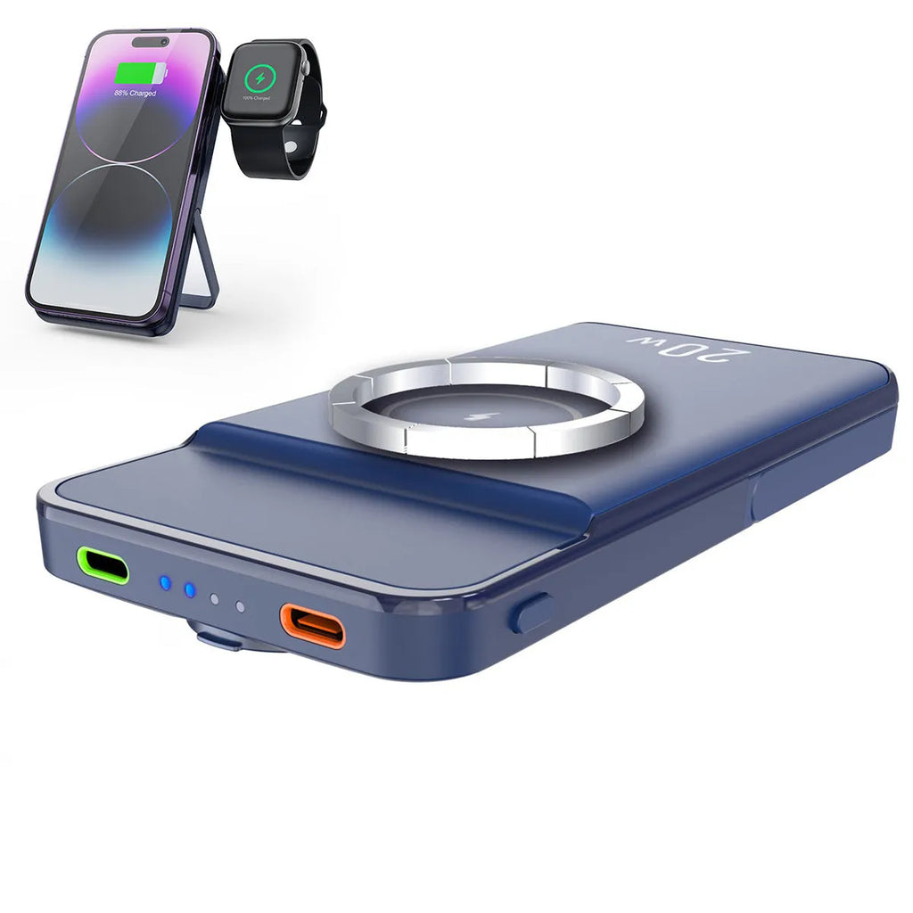 Black magnetic wireless power bank with bracket showing 10000mAh capacity and industrial design