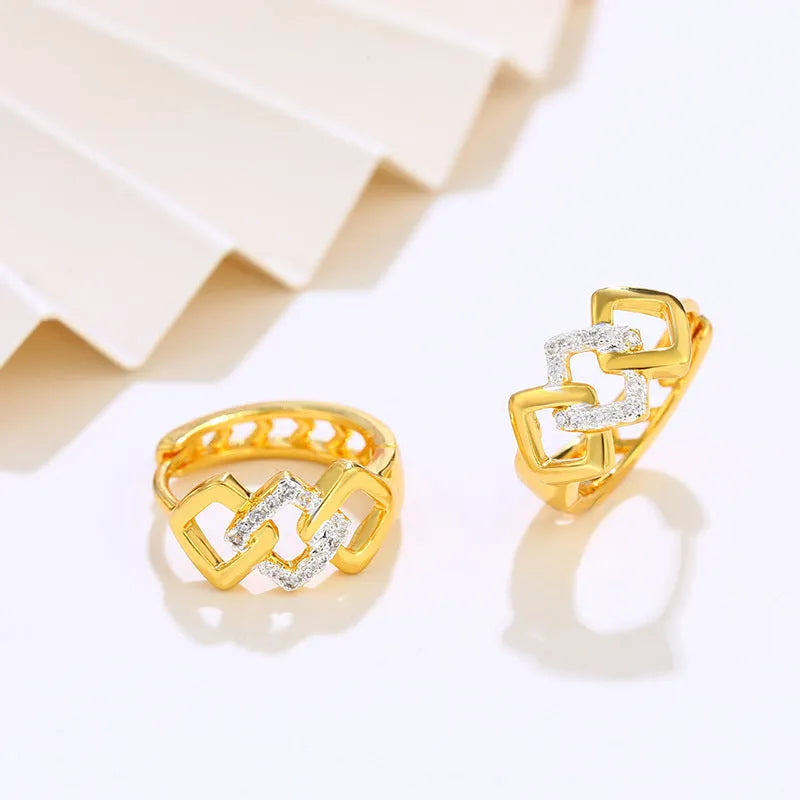Geometric hollow-out gold electroplated alloy earrings with ear clip fastening, lightweight 2.5g design