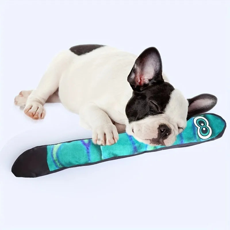 Multicolour snake-shaped plush dog squeaky toy with stripe print and no internal filling