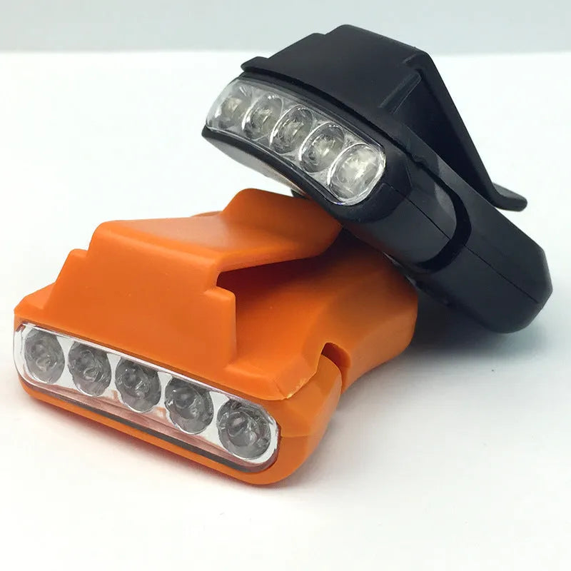 5 LED cap brim clip lamp in black or orange, 5x4.5cm, 22.4g, with 2032 button battery
