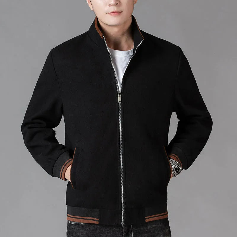 Men's grey autumn wool fleece jacket with sports style, long sleeves, and size stick pocket
