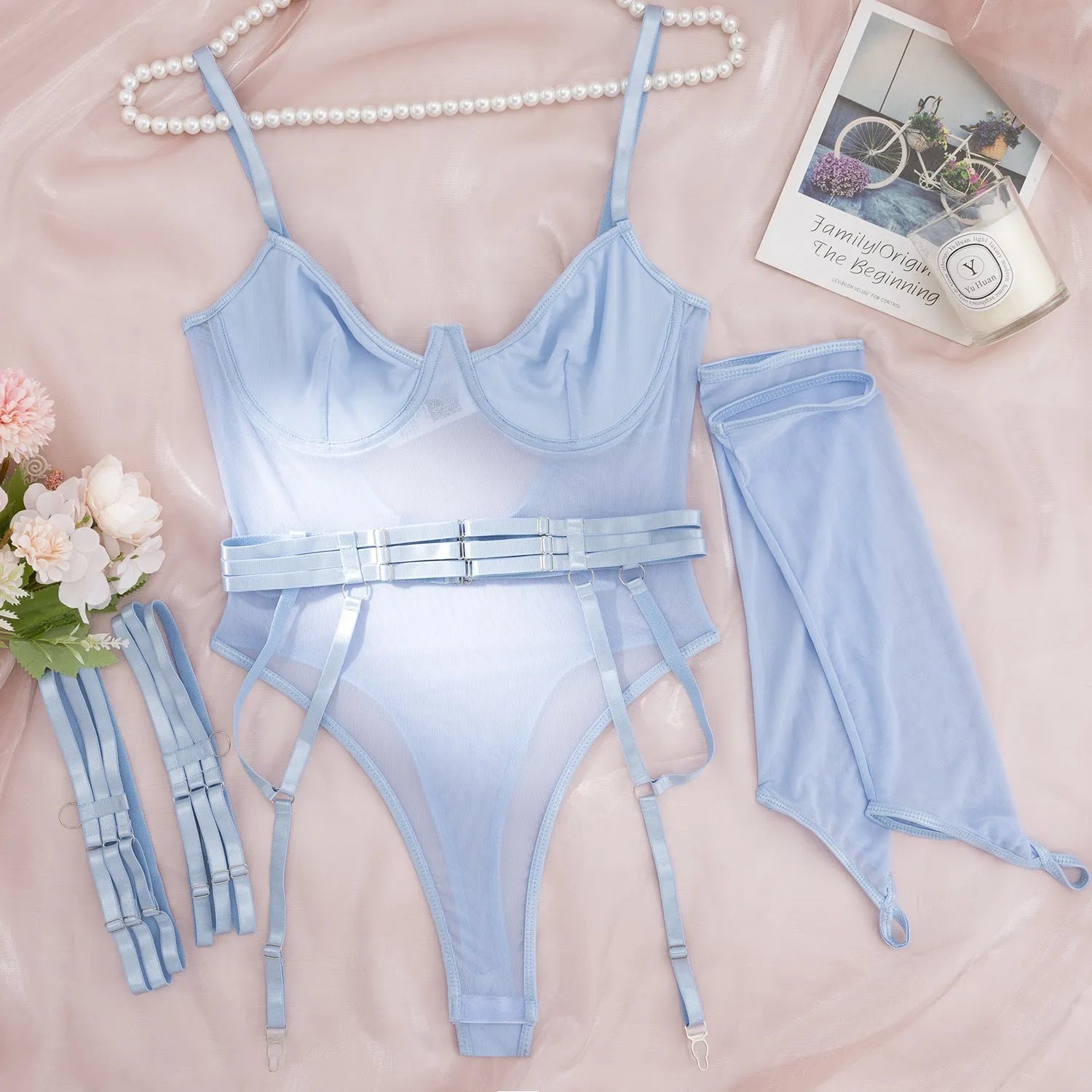 See-through mesh jumpsuit in black colour with tights style and onesie set design for female game wear