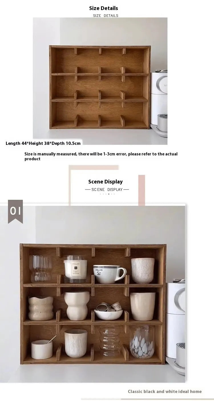 Solid birch wood cup storage rack with multiple grid compartments in meridian colour finish