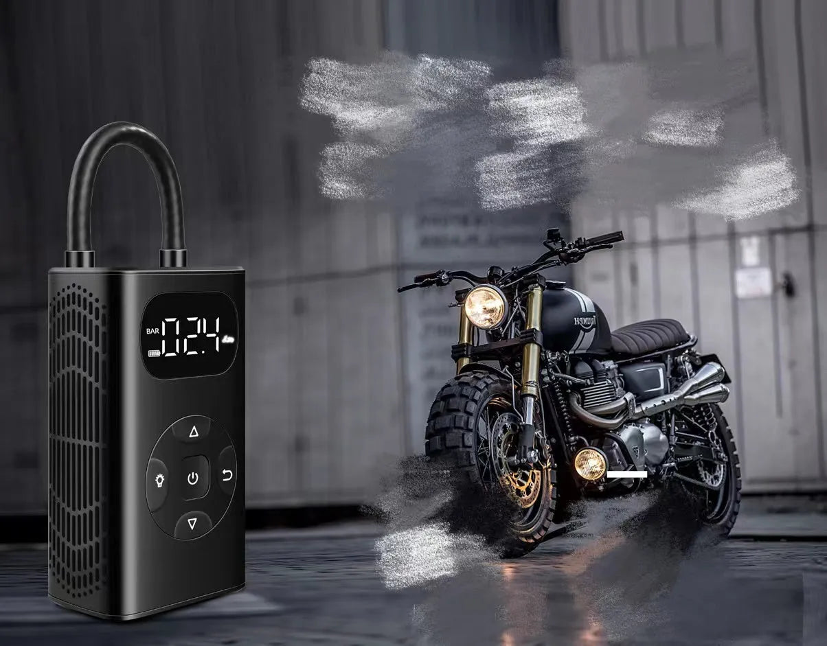 Black power bank tyre inflator with 16cm tube, 12x6.5x4.2cm size, for car motorcycle bicycle inflation