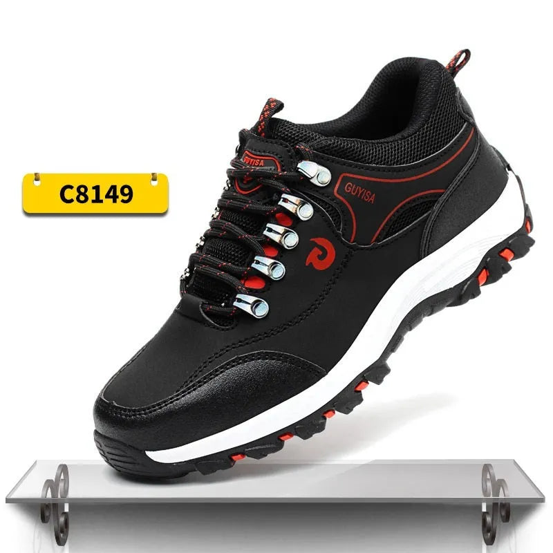 Guisalao men's low-cut safety shoes with steel toe cap, anti-piercing design, camouflage plus fur upper, available in black, blue, green, red.