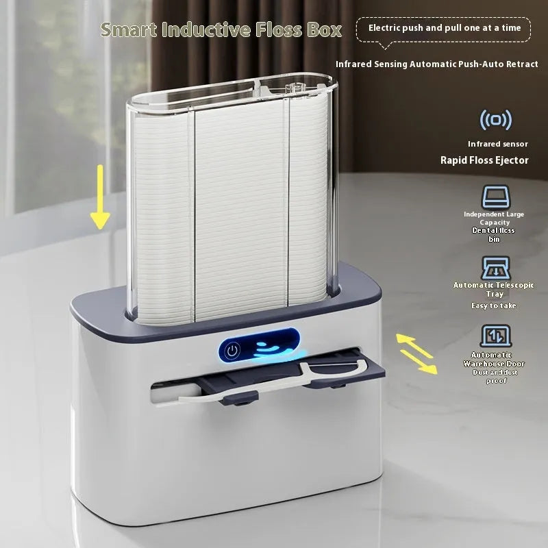 Intelligent Induction Dental Floss Box in dark grey, light grey, and gold with automatic pop-up mechanism and rechargeable battery