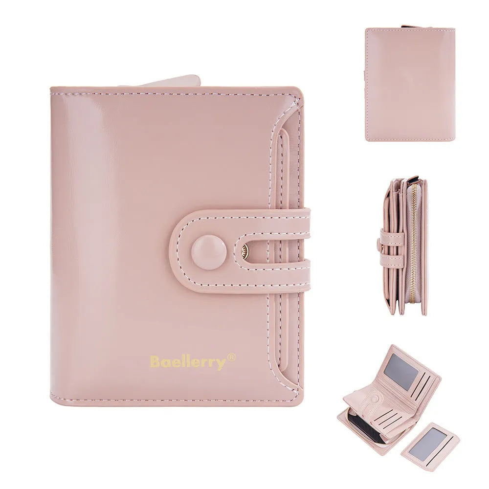 Women's slim PU leather wallet in lake water green, open to show multiple card slots and a full-length zipped coin pocket.