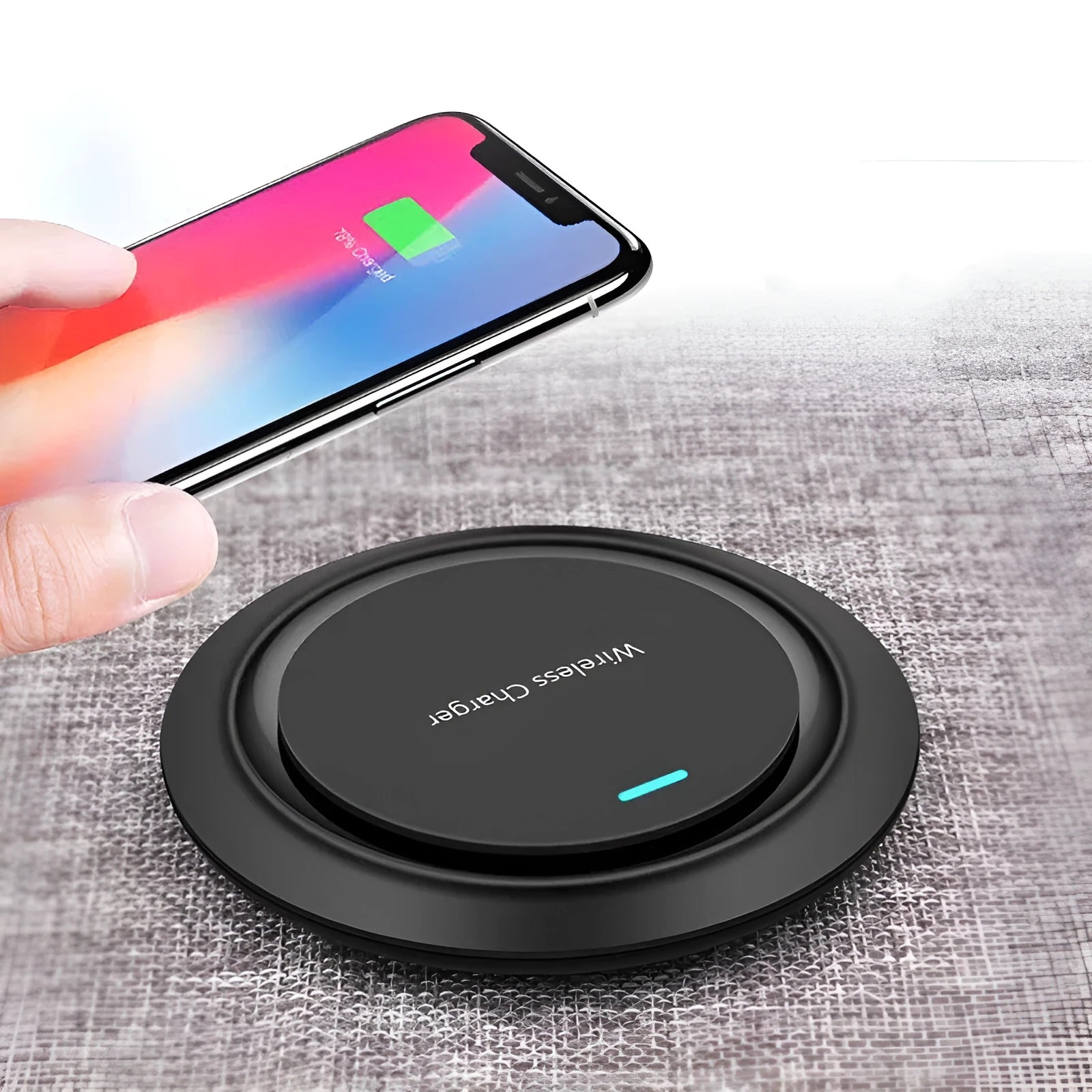 Round desktop wireless charger for mobile phones in black or white colour