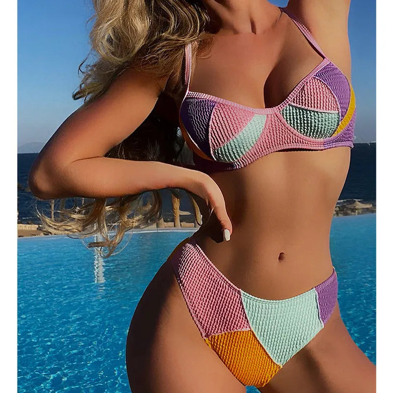 Ladies polyester bikini set with steel bracket push up bra top and matching shorts in colour matching design