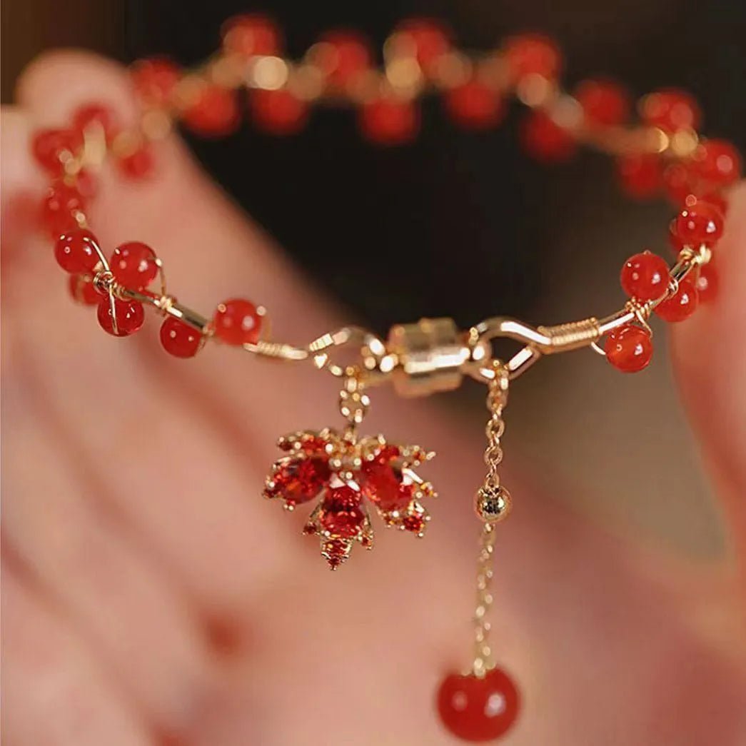 Red electroplated alloy bracelet with Chinese style maple leaf design and magnetic closure for girls