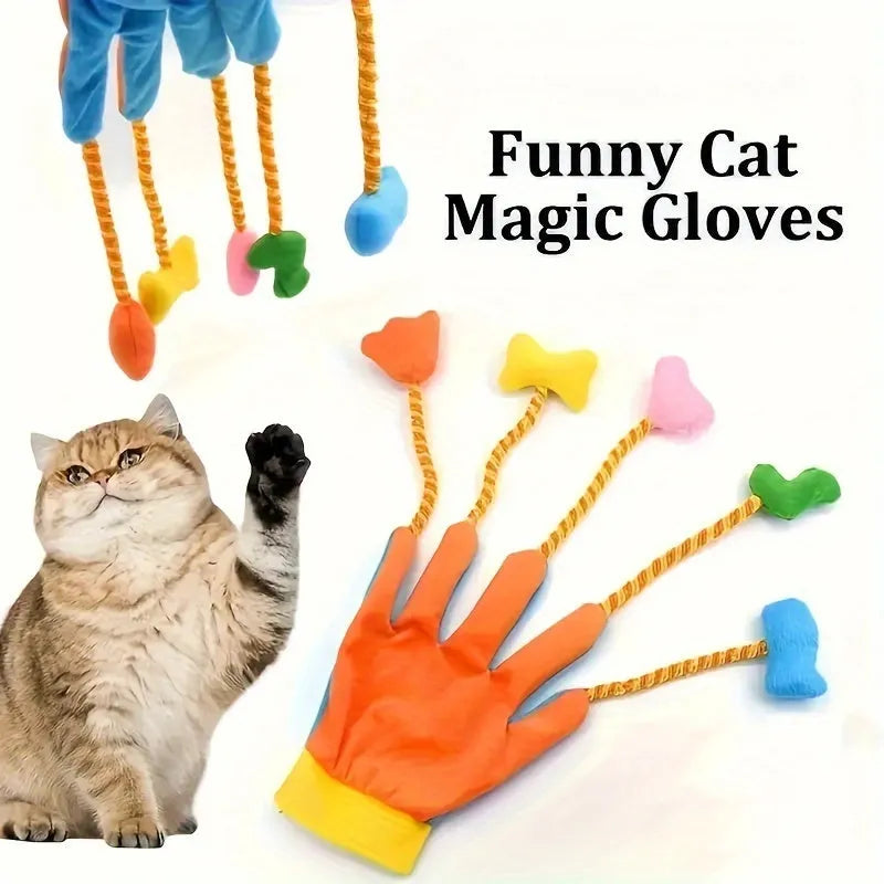 Magic Glove plush cat toy measuring 40cm by 11cm with integrated bell in yellow and blue colour options