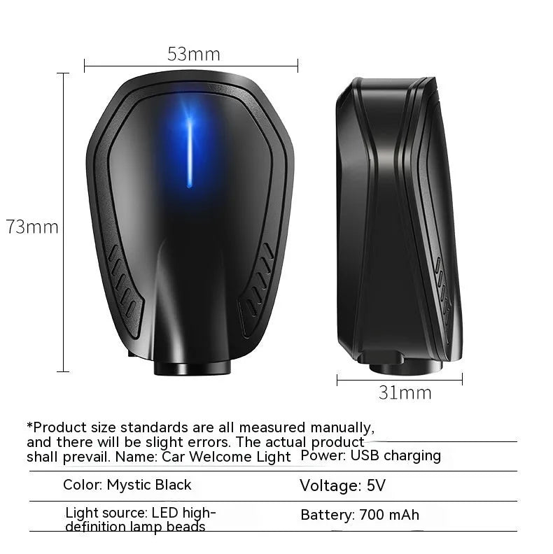 Black F2 rechargeable wireless car welcome light projector with ABS plastic housing.