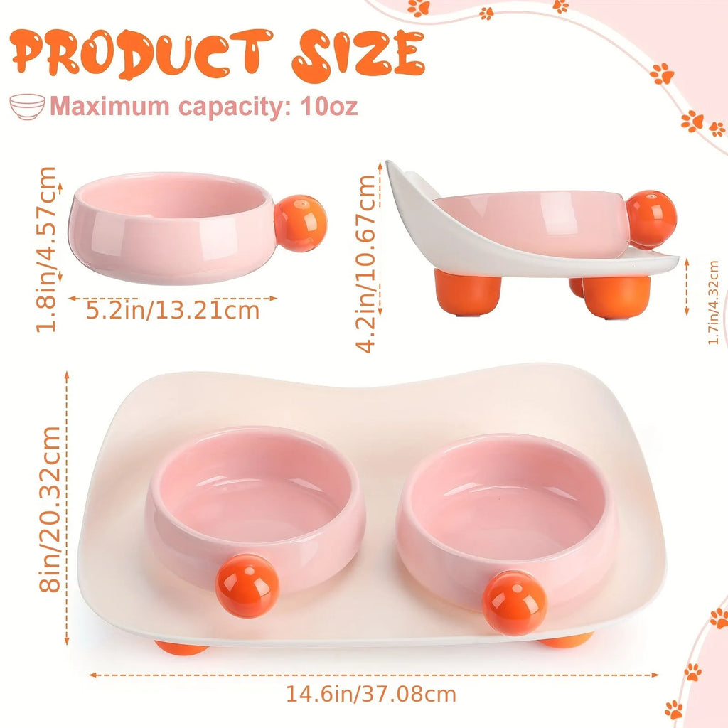 Pink elevated ceramic bowl with double raised design for cat food and water, non-slip base