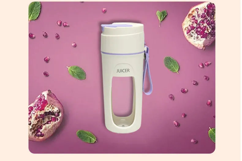 Portable USB charging electric blender cup in grass green, light purple, and fresh orange colours.