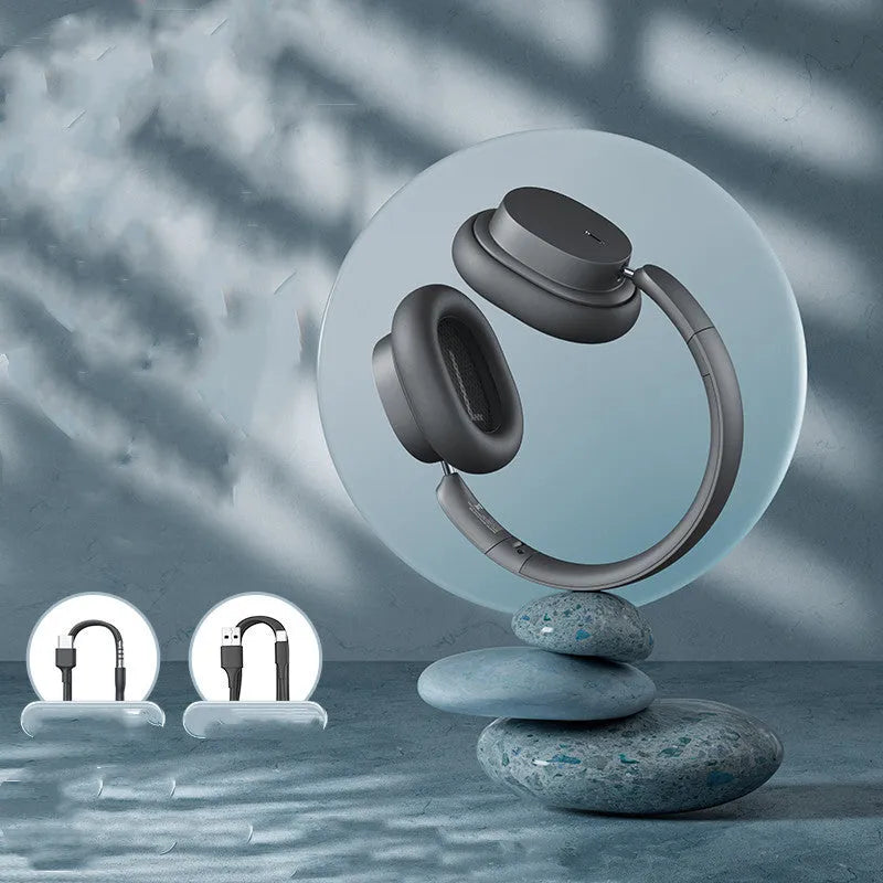 Beige and grey Bluetooth head-mounted earphones with 70-hour battery life and noise cancelling