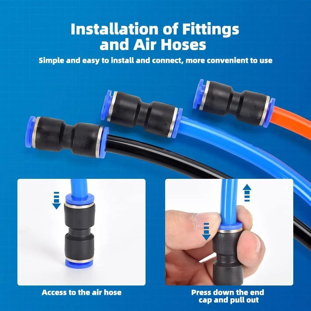 60-piece pneumatic push-in connector set with R1/4 and R1/2 interfaces in alloy plastic