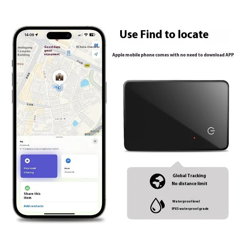 Black credit card sized pet tracker with a hanging hole, showing wireless charging and NFC symbols.