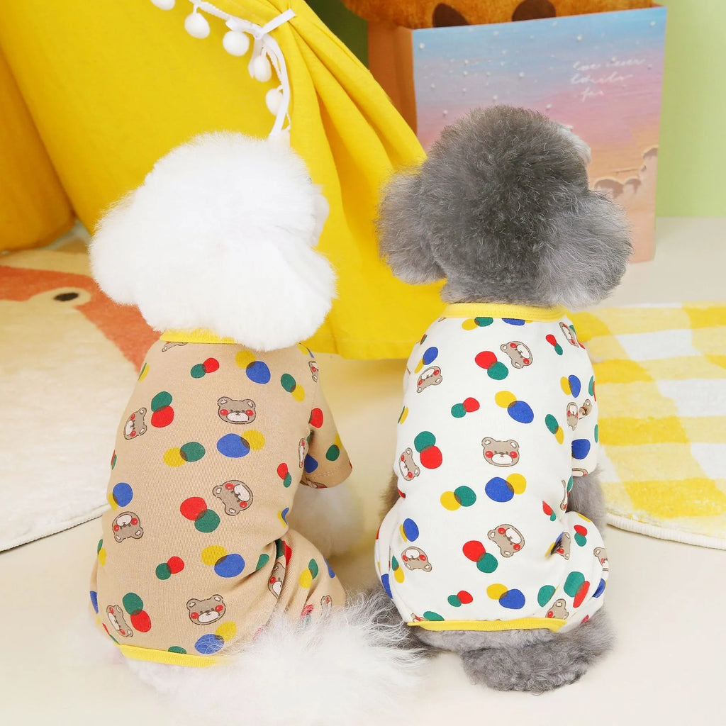 Dog wearing colourful ball bear design cotton spandex blend pet clothes in beige colour