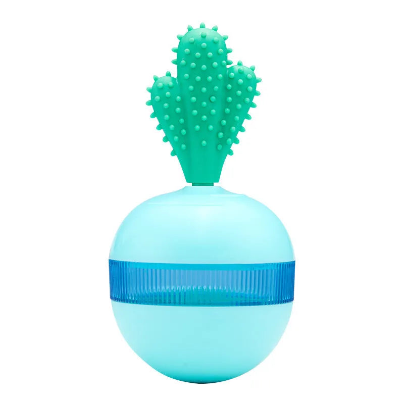 Blue and green durable rubber interactive dog toy with tumbler design for treat dispensing