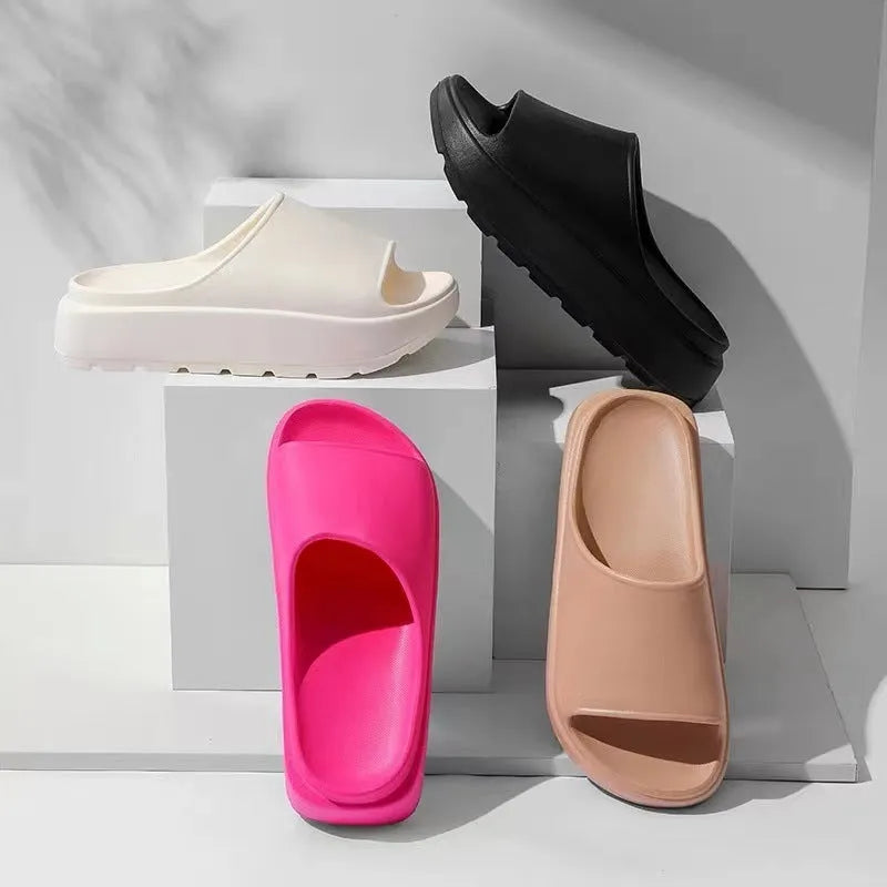 Women's beige fish mouth slippers with 5.5cm thick injection-moulded EVA soles for bathroom and beach use