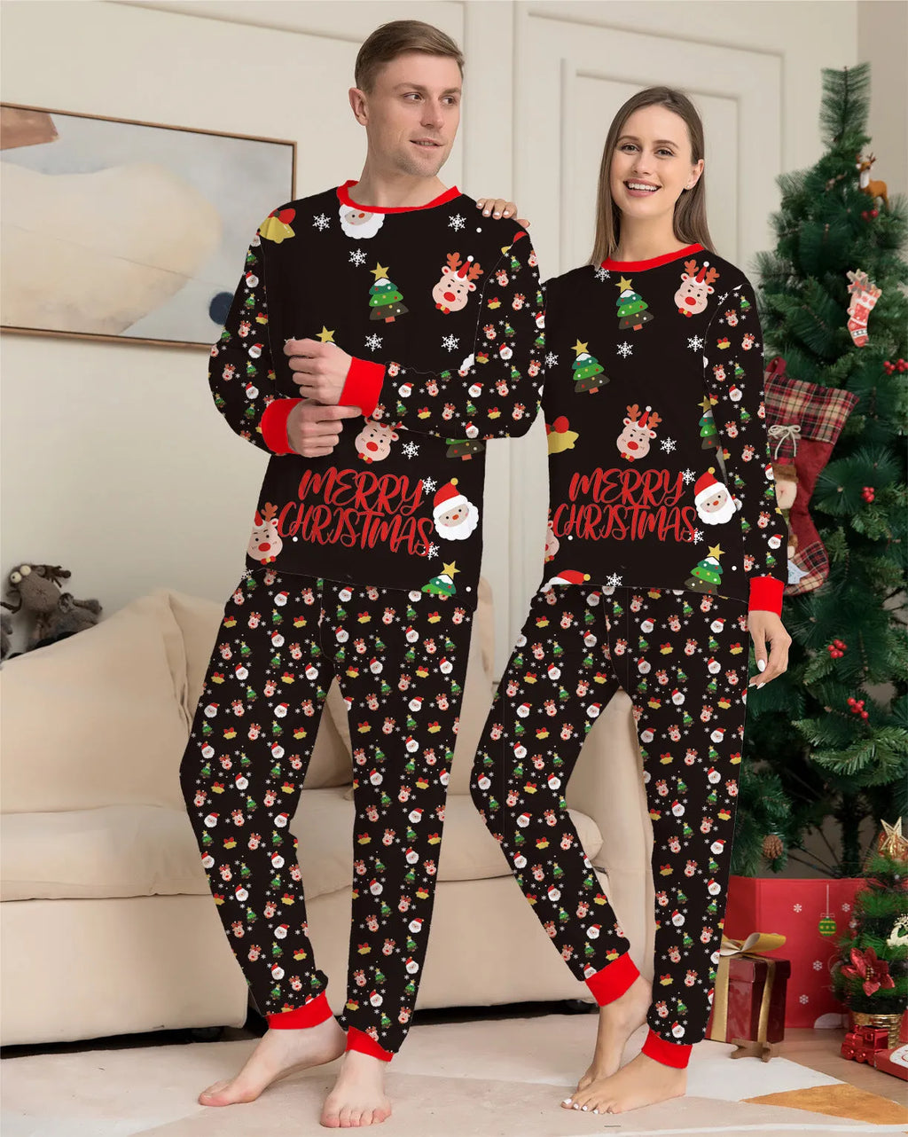 Family wearing matching red plaid Christmas pajamas, including adults, children, and a dog.