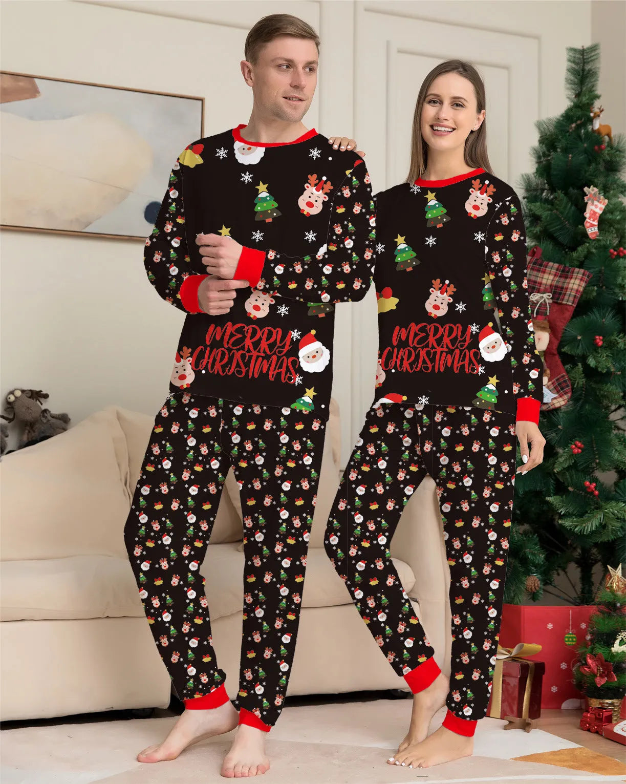 Family wearing matching red plaid Christmas pajamas, including adults, children, and a dog.