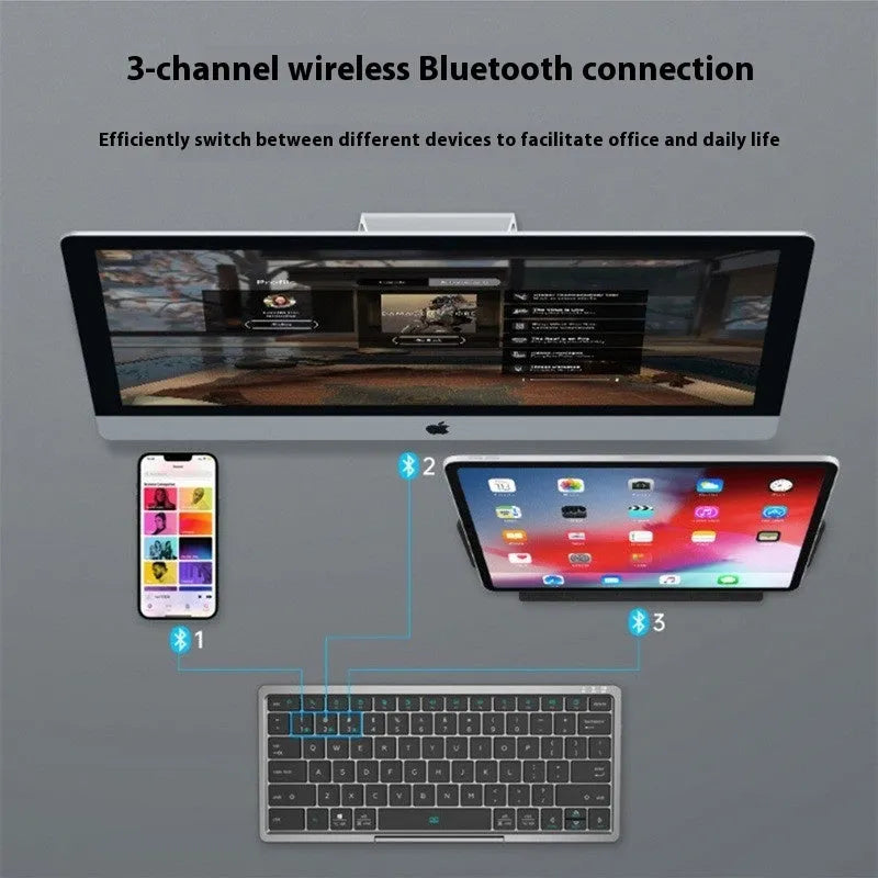 Black and gray hardcover wireless Bluetooth keyboard with leather sheath stand for iPad and mobile phones