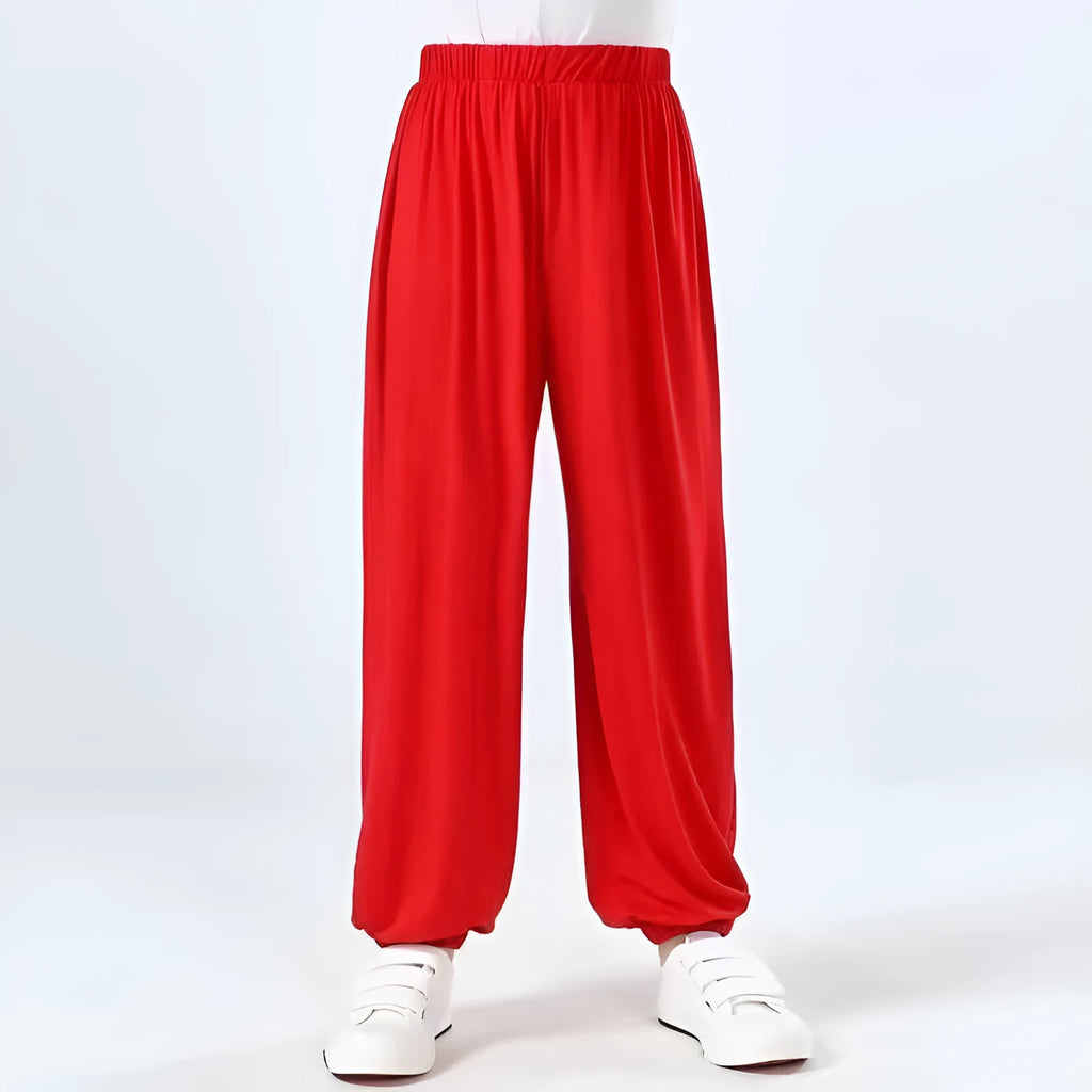 Black children's high-elasticity Lycra practice pants for Sanda martial arts training on a white background.